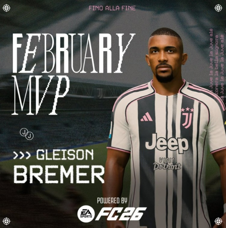 OD官网-对阵帕尔马梅开二度,尤文官方:布雷默当选队内2月最佳球员